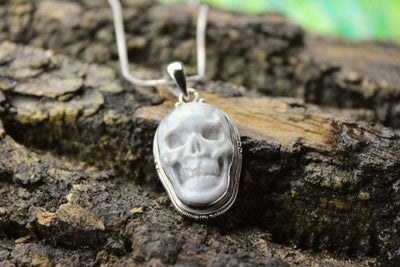 Gifts,Jewelry,One of a Kind,New Items,Buddha,Skulls,Tibetan Style,Men's Jewelry Default White Jasper and Sterling Skull Pendant jp389