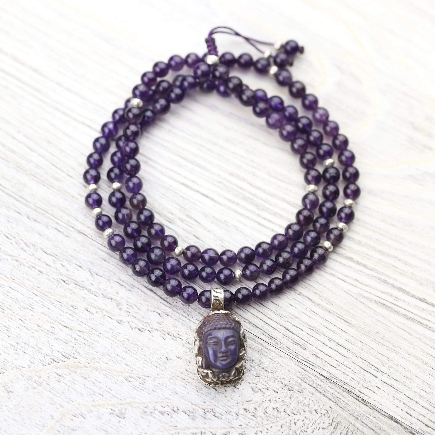 Healing Meditation Mala with Amethyst & Riverstone Gemstone Beads | store 108 Mala Beads | Yoga Jewelry