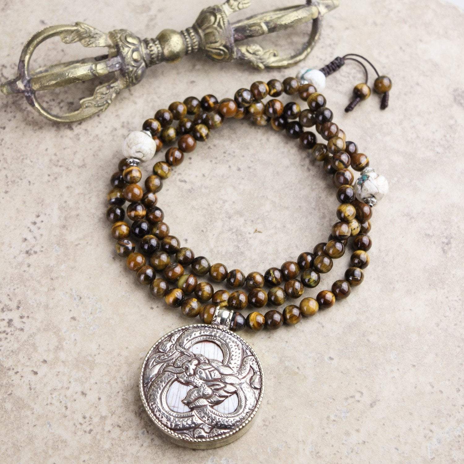 Calm Understanding Tiger Eye and Skull Mala Beads Necklace - DharmaShop