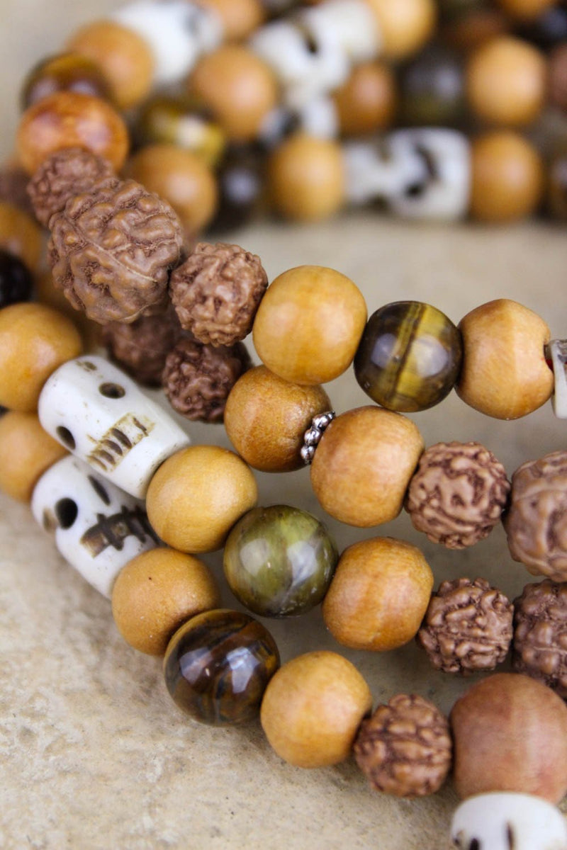 Calm Understanding Tiger Eye and Skull Mala Beads Necklace - DharmaShop