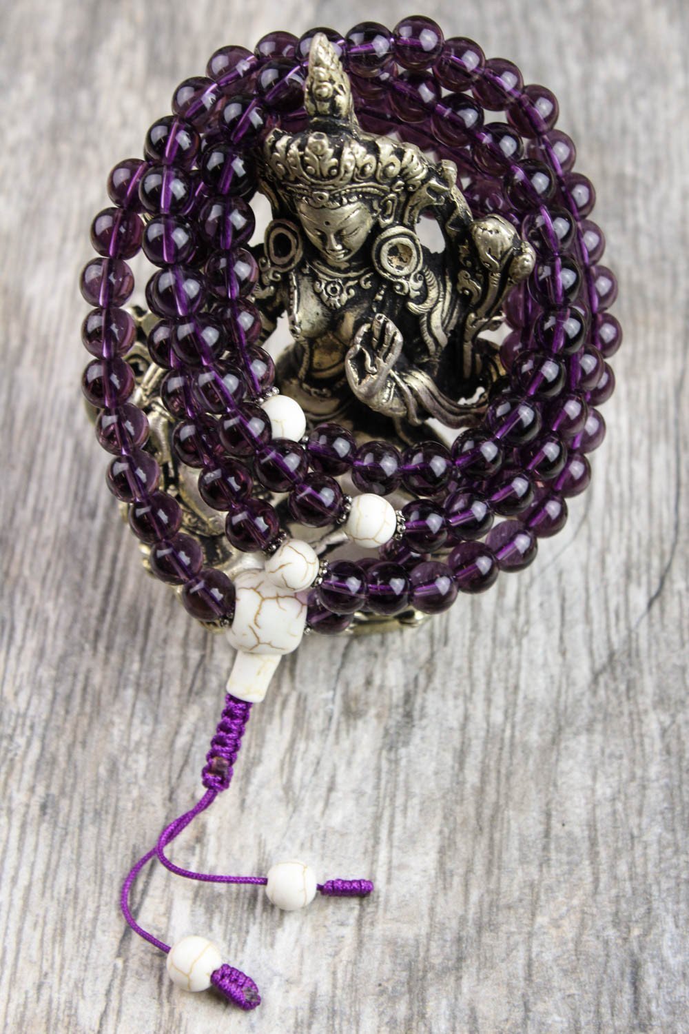 Top Healing Meditation Mala with Amethyst & Riverstone Gemstone Beads | 108 Mala Beads | Yoga Jewelry