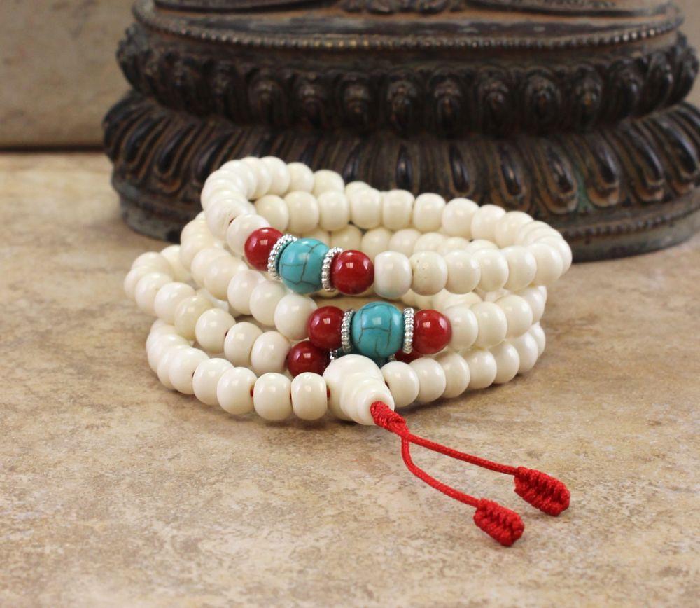 TIBETAN BONE MALA * I08 Inlay Turquoise ~ selling Coral Beads * 12.5 mm Beads * Vintage * Kathmandu, Nepal * By Hand