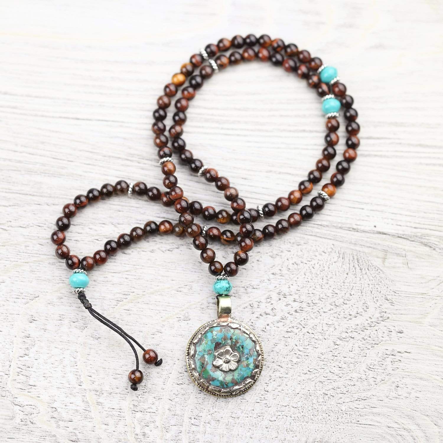 Calm Understanding Tiger Eye and Skull Mala Beads Necklace - DharmaShop