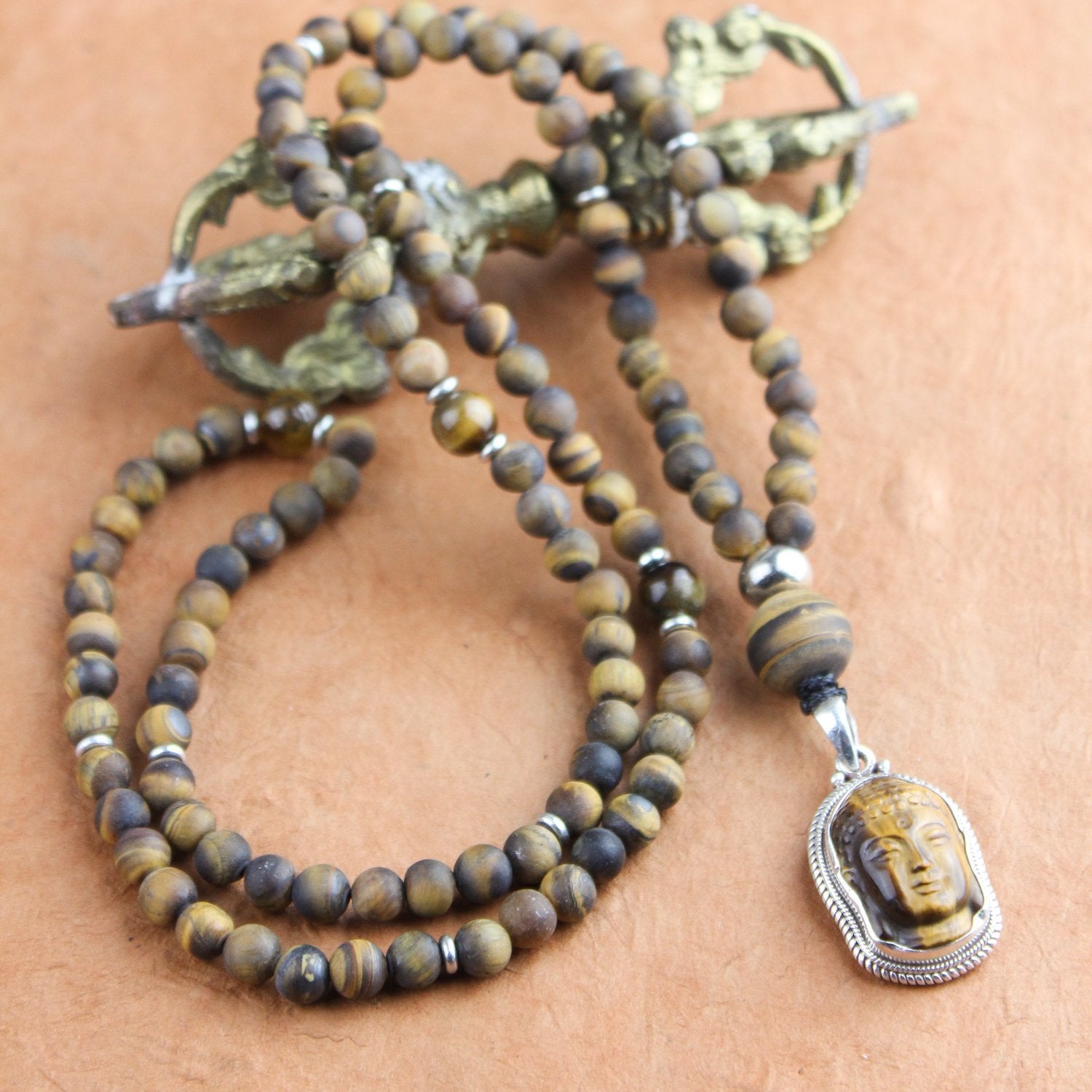 Calm Understanding Tiger Eye and Skull Mala Beads Necklace - DharmaShop