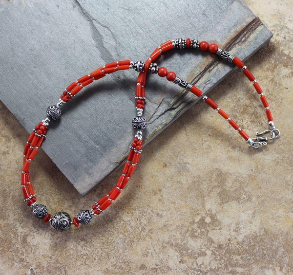 Sherpa Coral Necklace with Silver Focal Beads - DharmaShop