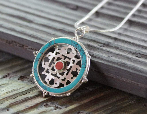 Vintage Tibetan Sterling outlet Silver, Turquoise and Coral Double Pendant