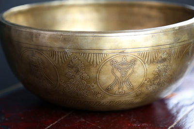 Singing Bowls Auspicious Symbols & Flaming Dorje Lingham Bowl