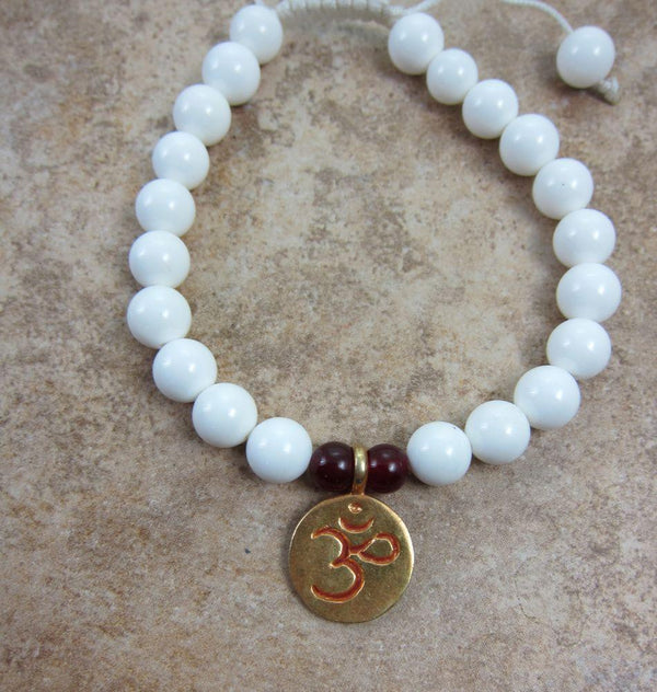 White Shell Wrist Mala with Gold Om - DharmaShop